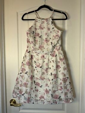NWT Cream Floral Sheer Checkered Overlay Fit & Flare Mini Dress, M , Party